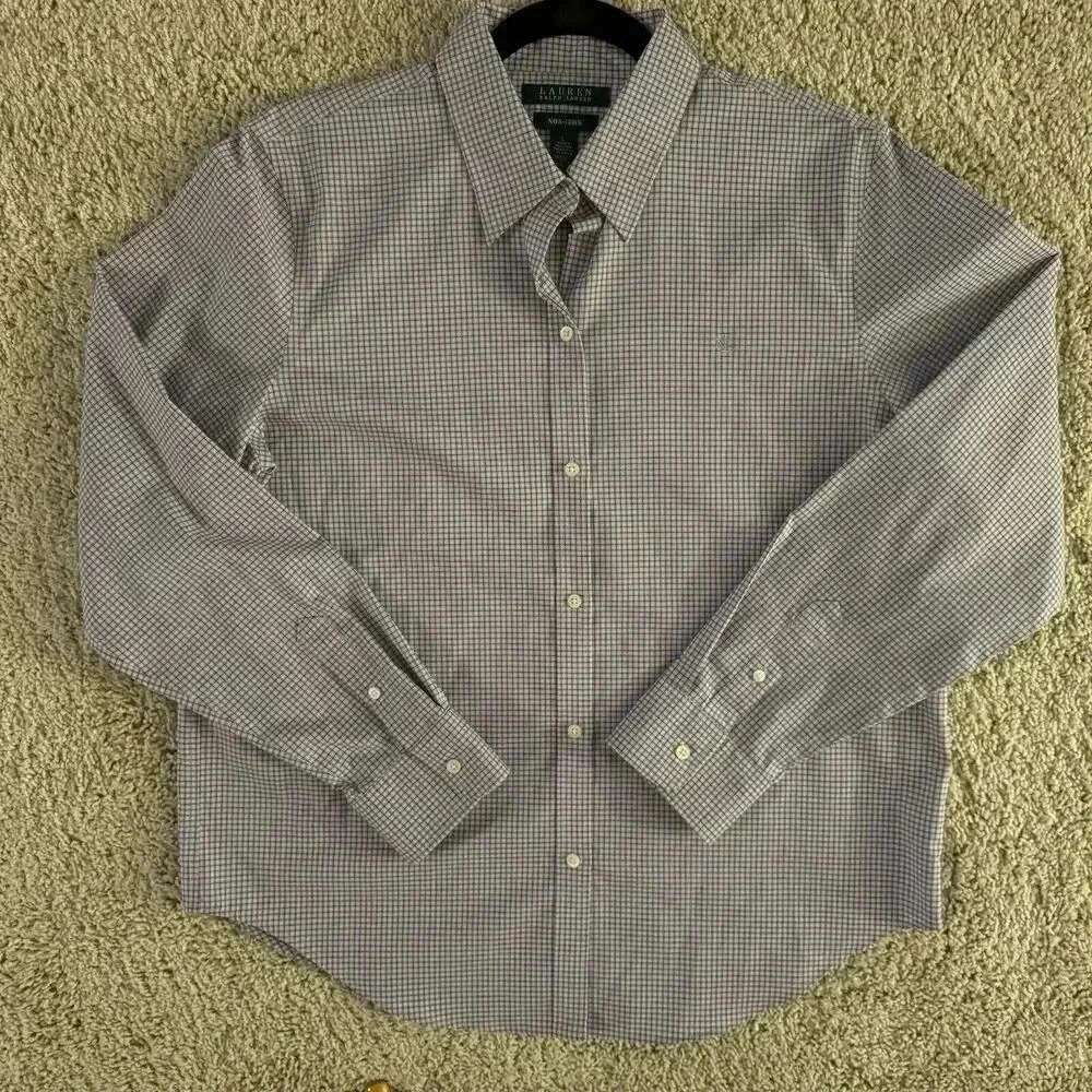 Lauren Ralph Lauren Womens Shirt Sz L 100% Cotton Purple Plaid Preppy Button up